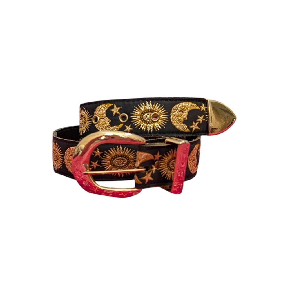 VTG Celestial Sun Moon Stars Embroidered Belt Western Boho Whimsigoth Black Gold